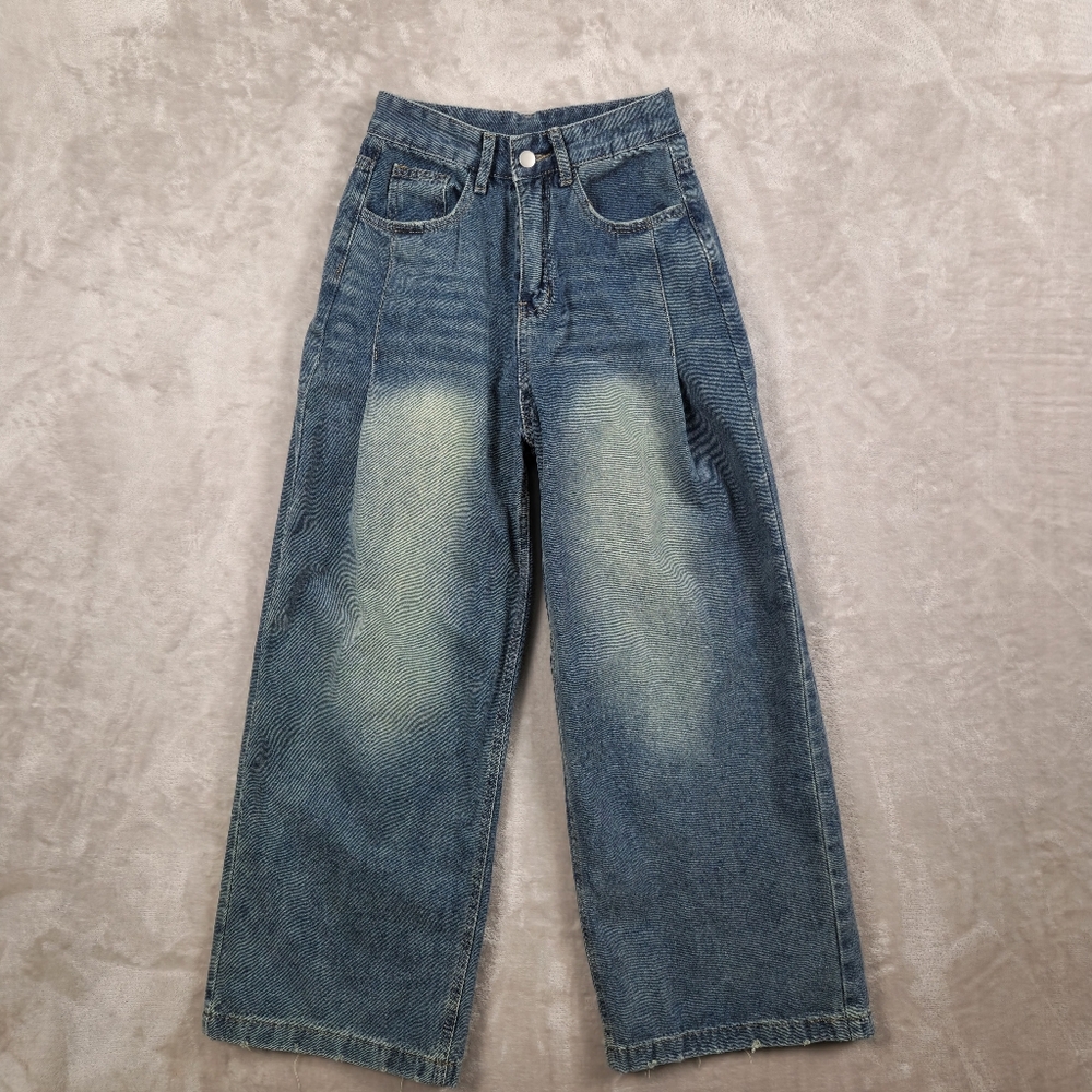 Dazy High Waist Pleated Blue Wide-Leg Factory‎ Distressed Jeans Size S
